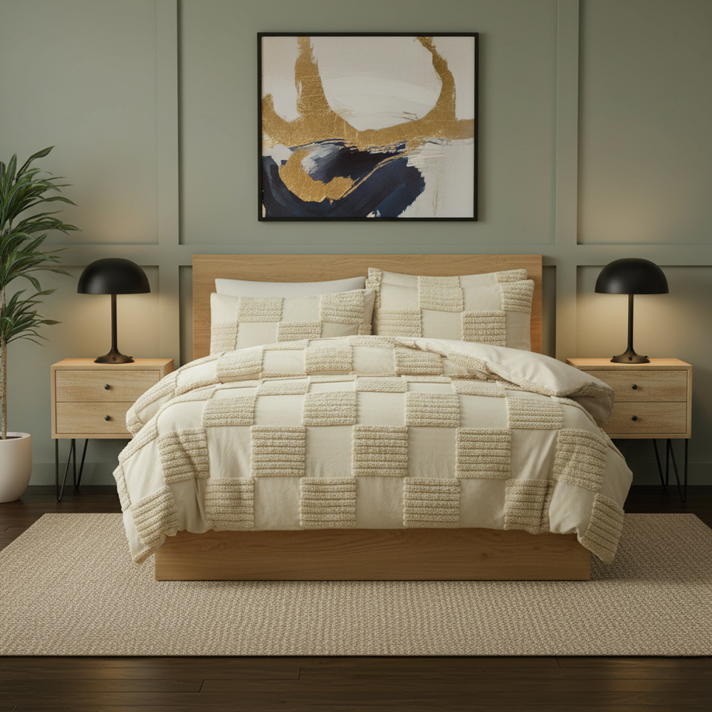 Eden Tufted Geometric Check Chenille-kirjontapeittosarja vuodevaatteet setti