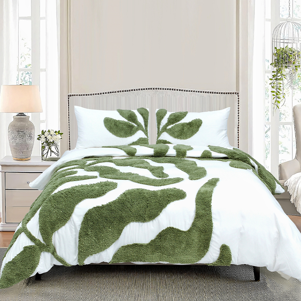 Belle Botanical Large Scale Leaf tuftattu šenille kirjonta Pussilakana Pussilakana Setti Vuodesetti
